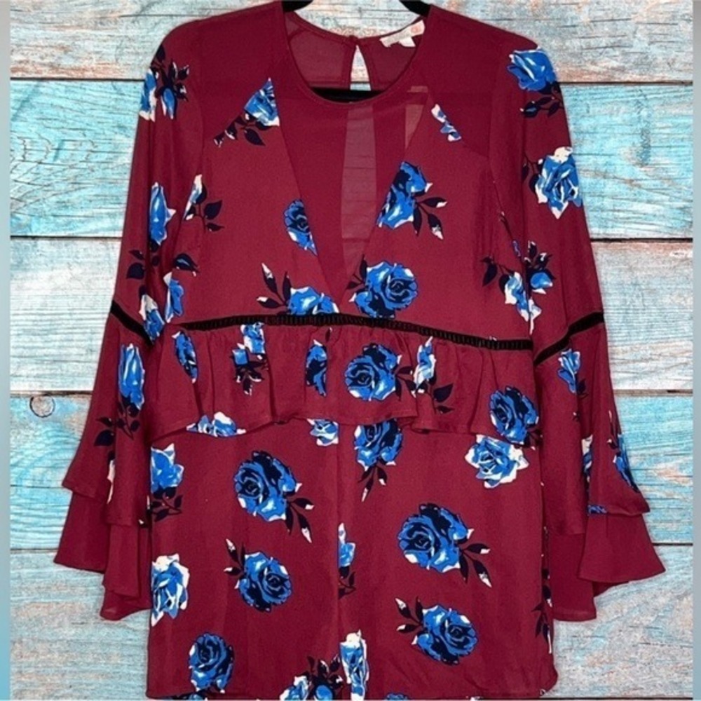 NWT‎ Gianni Bini Boho Romper Size S Burgundy Blue Sheer Romantic Bell Sleeves